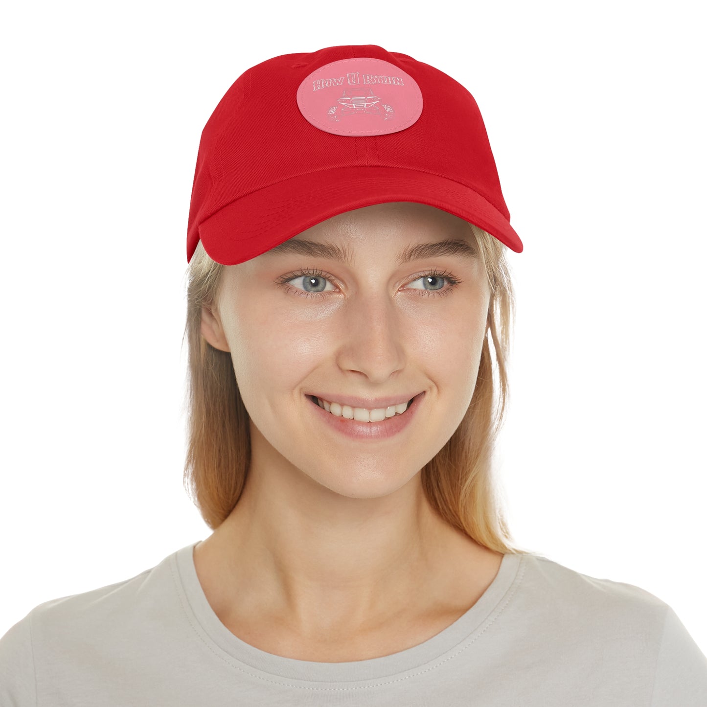 Red  Dad Hat with Leather Patch (Round)